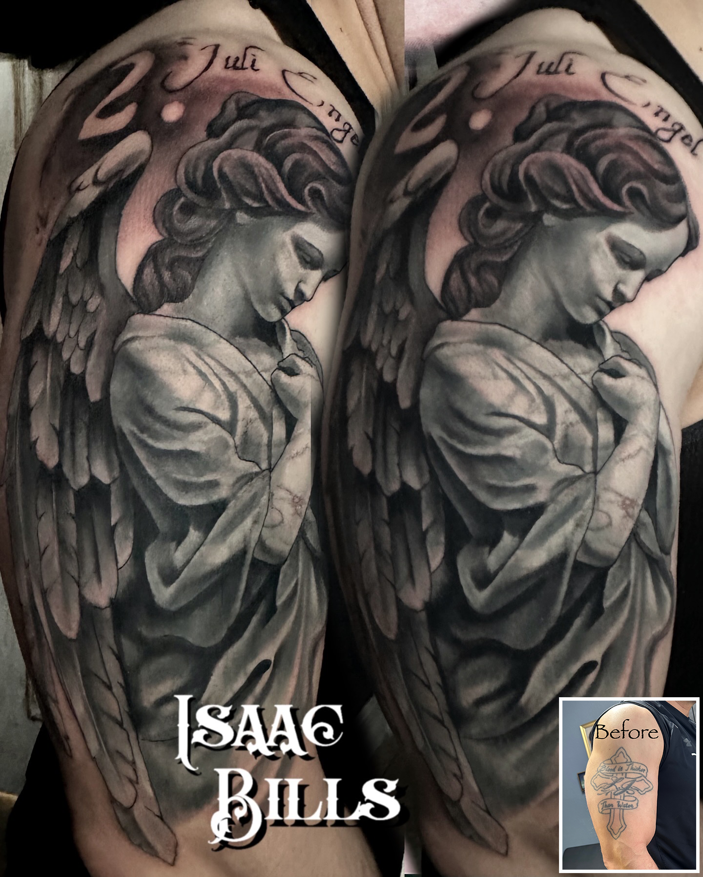 Black and Gray,Coverup,Lettering and Script,Realism tattoo by Isaac Bills