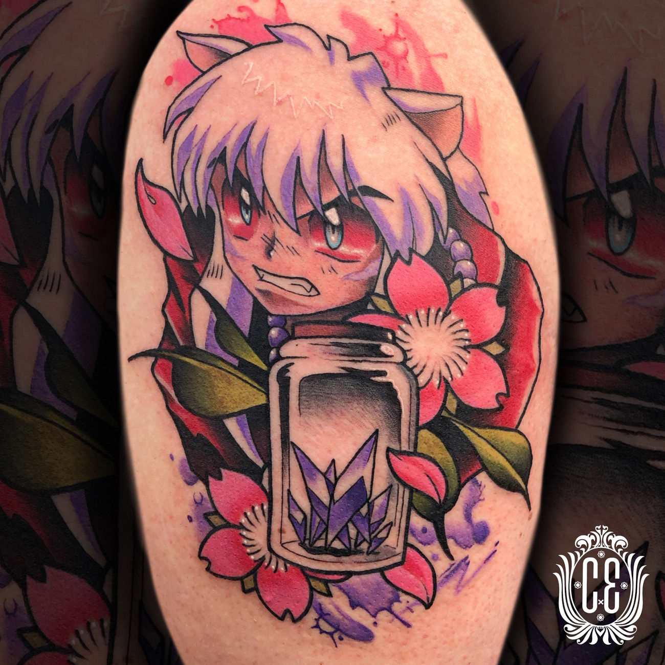 Anime Color Flower Animal tattoo by