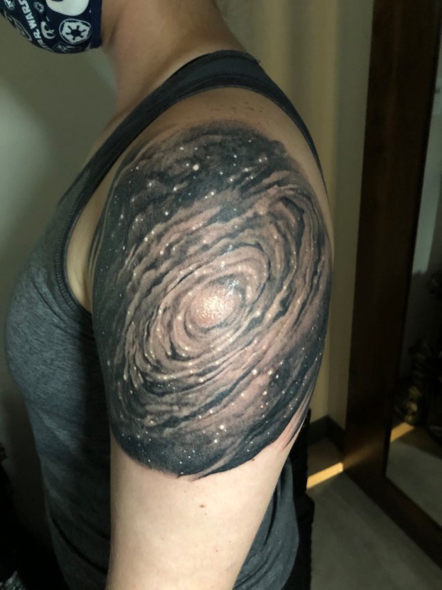 Black And Grey Galaxy In Triangle Tattoo Design For Forearm By Dr Woo