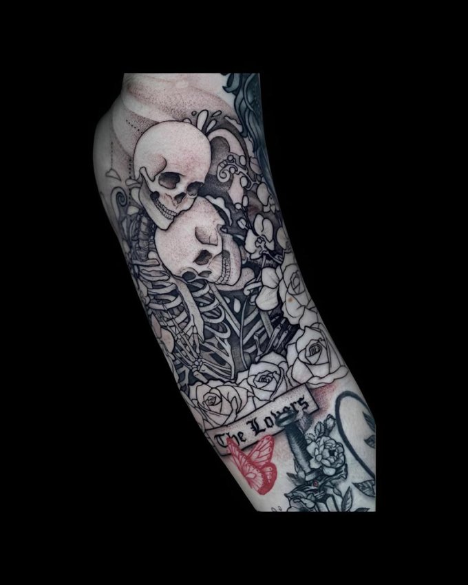 black and grey skull half sleeve tattoos