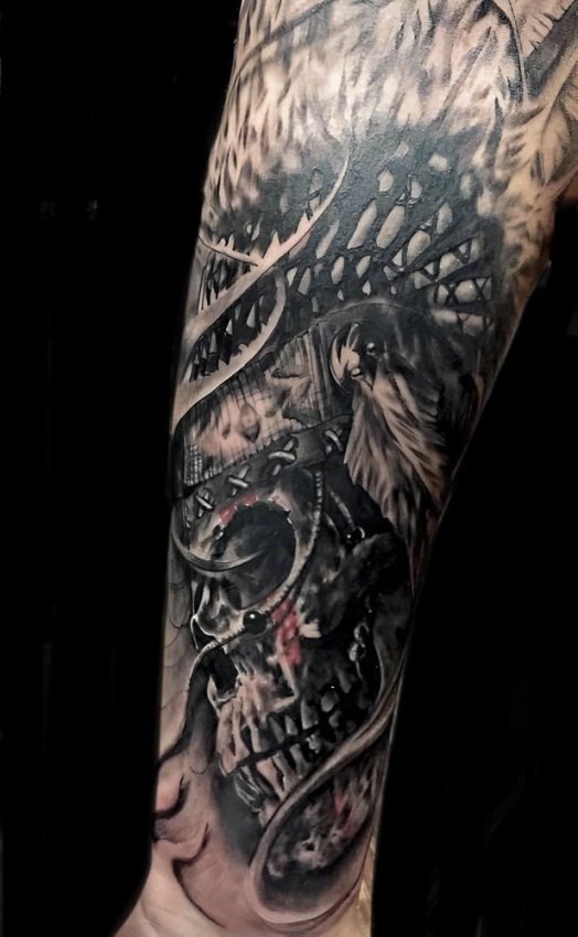 black and grey skull half sleeve tattoos